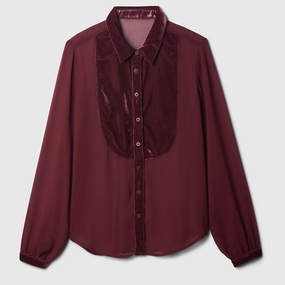 Gap Chic Burgundy Velvet Panel Blouse Classic Bib Shirt - Picture 4 of 6